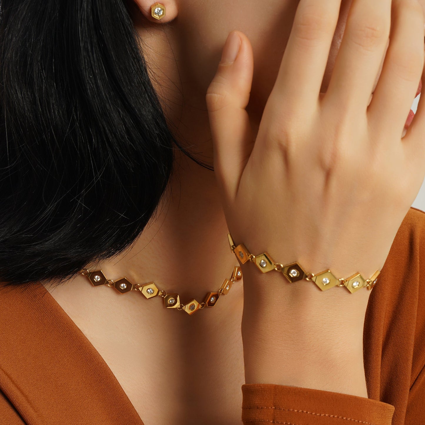 LG002 Hexagonal Harmony Necklace/Bracelet Set