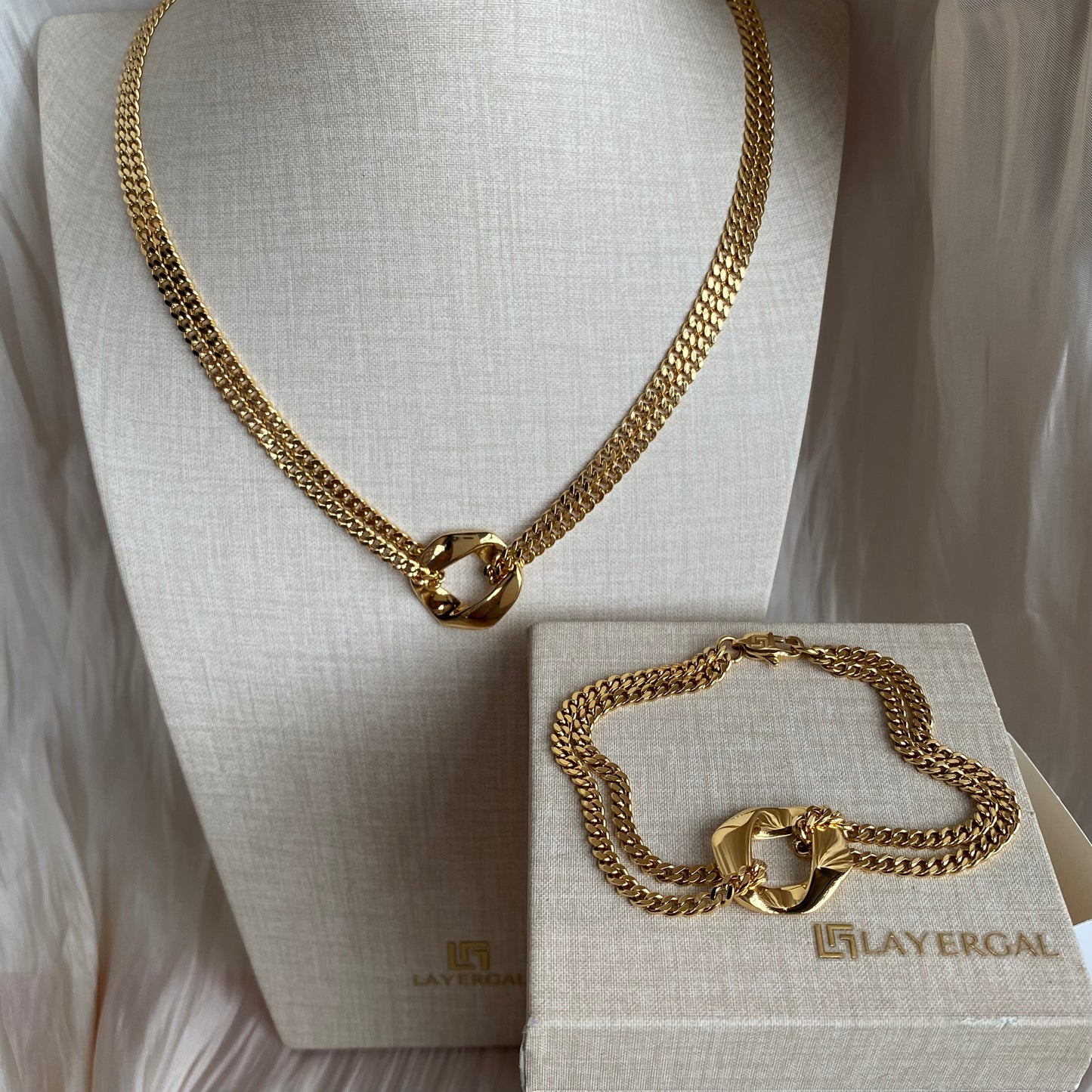 LG056 Double Cuba Chain Set Necklace/Bracelet/Earrings