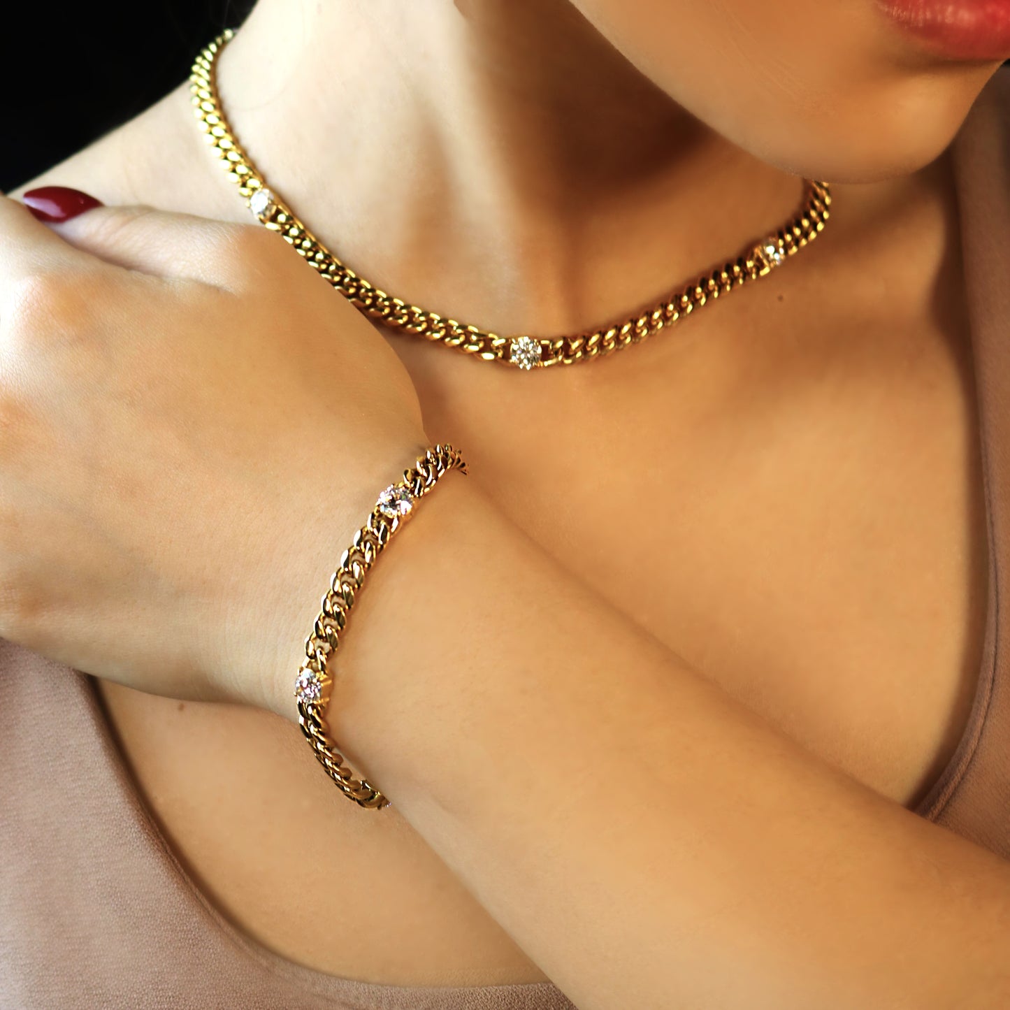 LG047 Golden Radiance Choker Moissanite Necklace/Bracelet Set