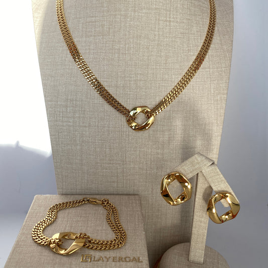 LG056 Double Cuba Chain Set Necklace/Bracelet/Earrings